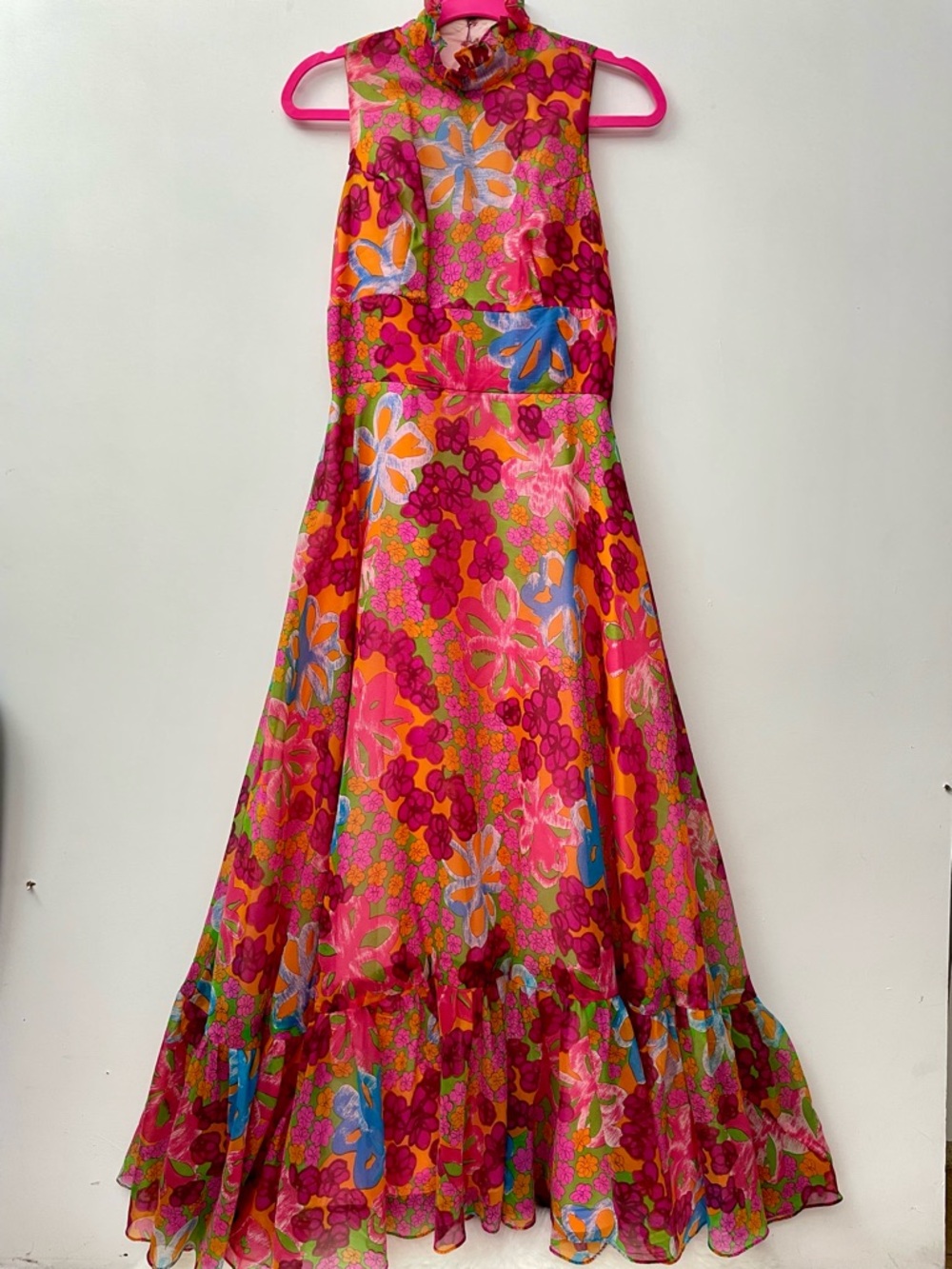 Vintage 60s flower power psychedelic A-Line sweep dress size S/M chiffon halter - Picture 8 of 16